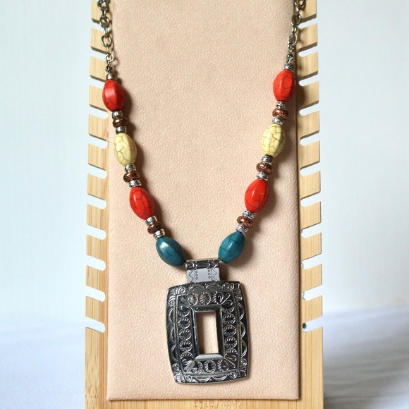 Statement Necklace Turquoise Silver Tone Metal Pendant Teal Orange Tribal Boho - Picture 2 of 9